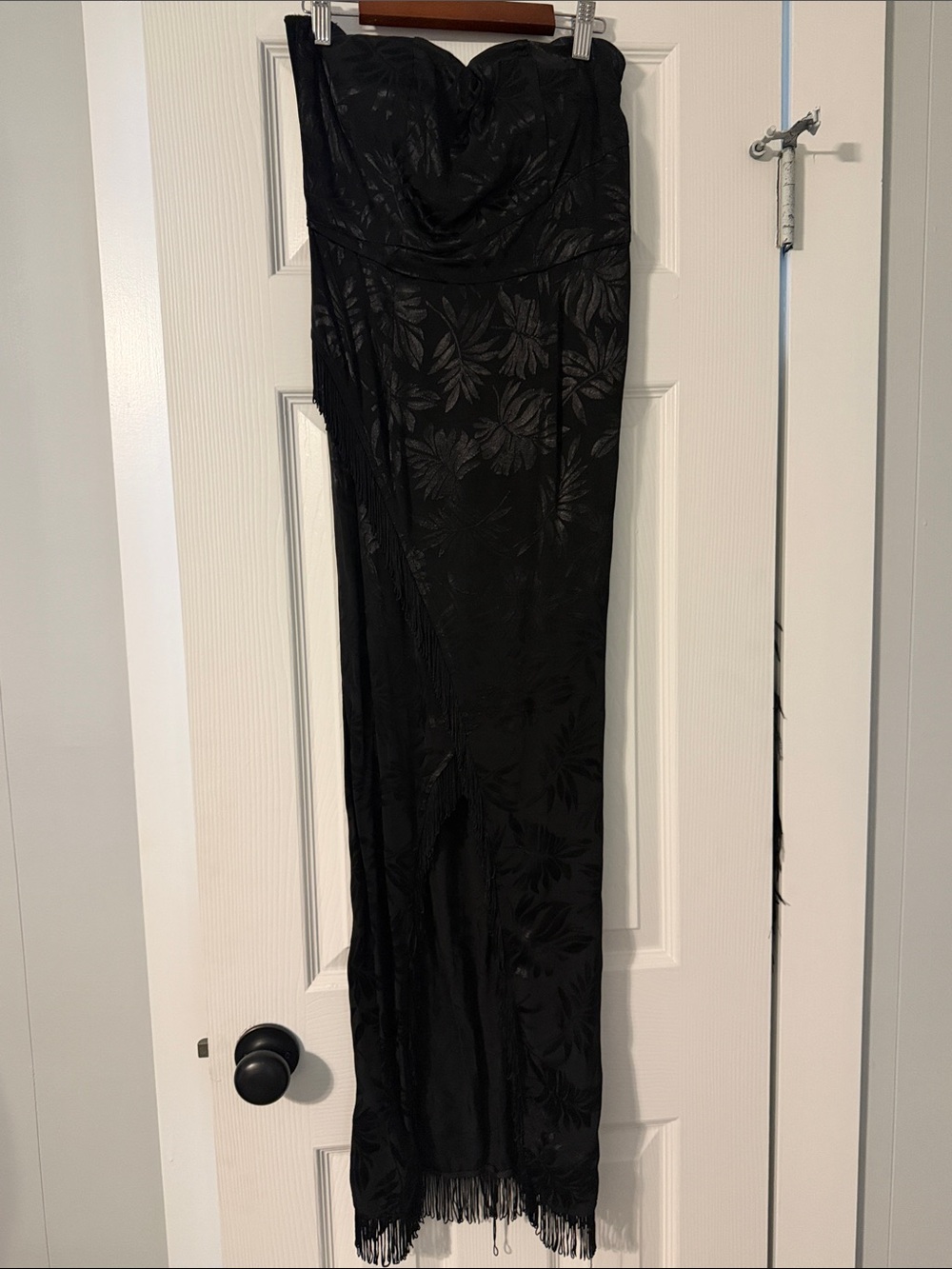 Lulu's Strapless Black Floral Maxi Dress with Fringe
